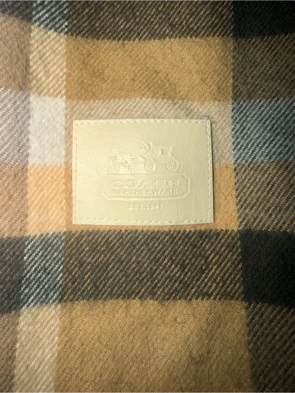 Coach Plaid Fringe Scarf Tan Brown Black Leather Patch Y2K